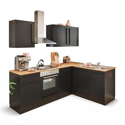 Jazz 8 Moderne Eckküche ohne Elektrogeräte in Schwarz matt, Lanzelot Eiche Optik - Geräumige Küchenzeile in L-Form mit viel Stauraum - 220 x 211 x 60 cm (B/H/T) von Stella Trading