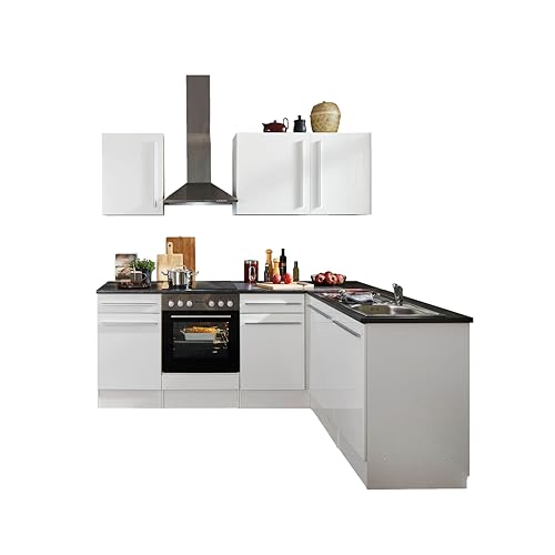 Jazz 8 Moderne Eckküche ohne Elektrogeräte in Weiß Hochglanz, Metallic Grau - Geräumige Küchenzeile in L-Form mit viel Stauraum - 220 x 211 x 60 cm (B/H/T) von Stella Trading
