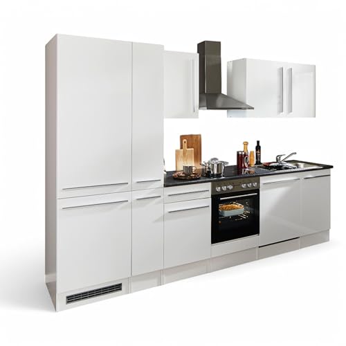 Jazz 8 Moderne Küchenzeile mit Elektrogeräten in Weiß Hochglanz, Metallic Grau - Geräumige Einbauküche mit viel Stauraum - 310 x 211 x 60 cm (B/H/T) von Stella Trading
