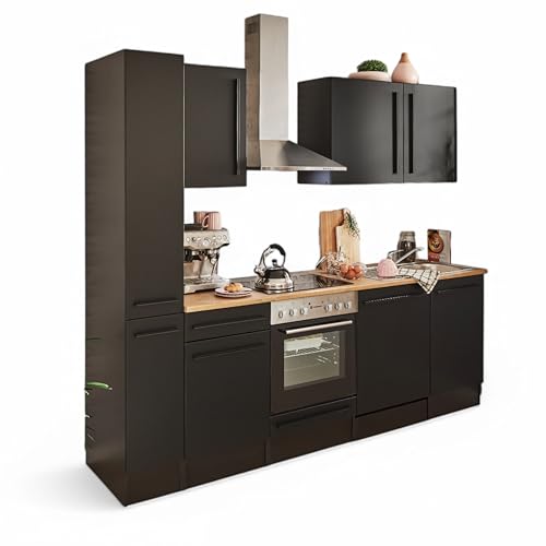 Jazz 8 Moderne Küchenzeile ohne Elektrogeräte in Schwarz matt, Lanzelot Eiche Optik - Geräumige Einbauküche mit viel Stauraum - 250 x 211 x 60 cm (B/H/T) von Stella Trading