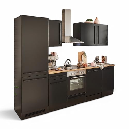 Jazz 8 Moderne Küchenzeile ohne Elektrogeräte in Schwarz matt, Lanzelot Eiche Optik - Geräumige Einbauküche mit viel Stauraum - 280 x 211 x 60 cm (B/H/T) von Stella Trading
