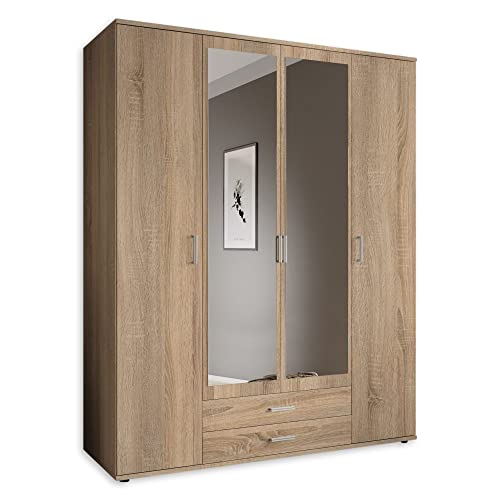 KARL Eleganter Kleiderschrank 4-türig mit viel Stauraum - Vielseitiger Drehtürenschrank in Eiche Sonoma Optik mit Spiegeltüren - 160 x 196 x 54 cm (B/H/T) von Stella Trading