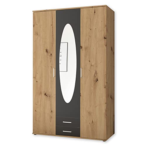 Stella Trading Kleiderschrank mit Spiegeltür in Artisan Eiche Optik, Graphit - Vielseitiger Drehtürenschrank 3-türig für Ihr Schlafzimmer - 120 x 195 x 55 cm (B/H/T) von Stella Trading