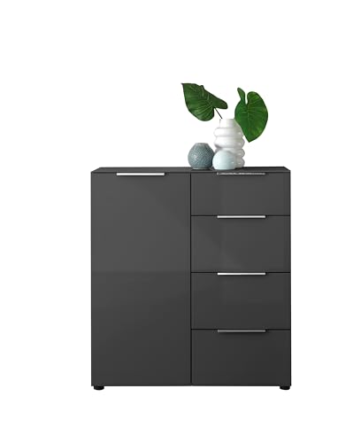 Kommode SANTORIN Anthrazit mit Glasfront, Schrank Korpus in Anthrazit mit Oberboden in Glas-mit viel Stauraum und Schubladen für Ihren Wohnbereich - 90 x 99 x 40 cm (B/H/T) von Stella Trading