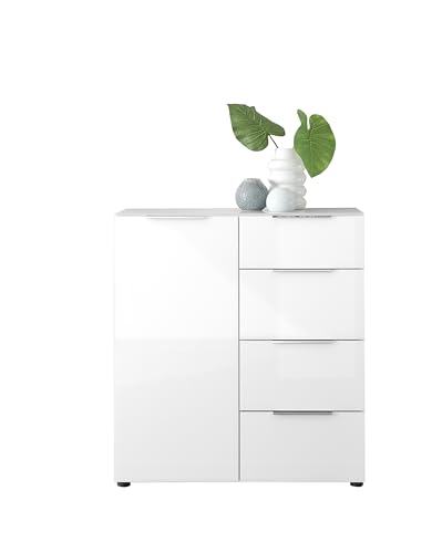 Kommode SANTORIN weiß mit Glasfront, Schrank Korpus in weiß mit Oberboden in Glas-mit viel Stauraum und Schubladen für Ihren Wohnbereich - 90 x 99 x 40 cm (B/H/T) von Stella Trading