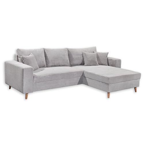 LARINA Ecksofa in Cord-Optik mit Schlaffunktion, Dove - Moderne Eckcouch in L-Form mit Bettkasten und Massivholz Füßen - 282 x 92 x 186 cm (B/H/T) von Stella Trading