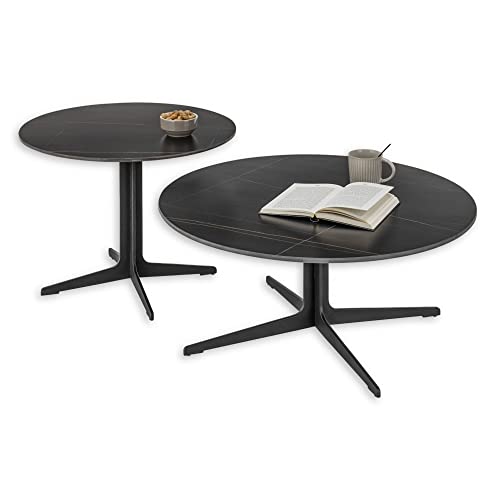 LENA Beistelltisch 2er Set rund, Schwarz - Modernes Couchtisch Set mit schwarzem Metallgestell - 80 x 35 x 80 cm (B/H/T) von Stella Trading