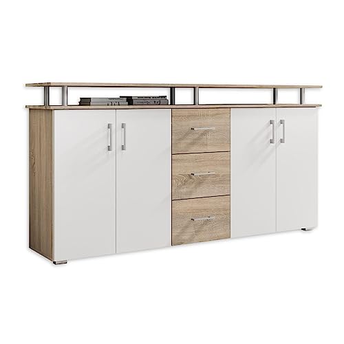 Stella Trading Highboard mit Ablage in Eiche Sonoma Optik, Weiß - Moderner Wohnzimmerschrank mit Schubladen und viel Stauraum für Ihren Wohnbereich - 178 x 90 x 38 cm (B/H/T) von Avanti Trendstore