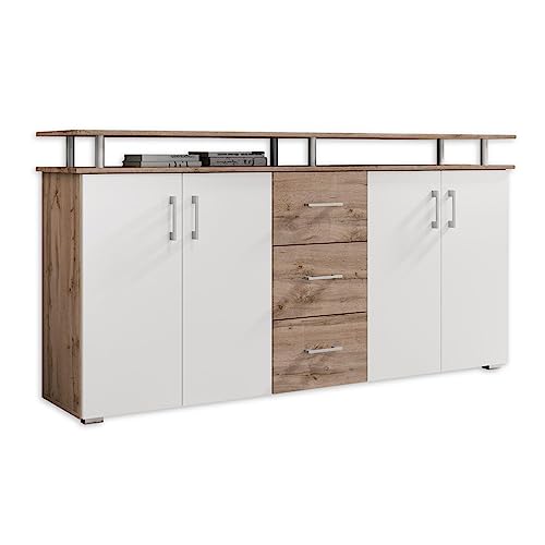 LIFT Highboard mit Ablage in Wildeiche Optik, Weiß - Moderner Wohnzimmerschrank mit Schubladen und viel Stauraum für Ihren Wohnbereich - 178 x 90 x 38 cm (B/H/T) von Stella Trading
