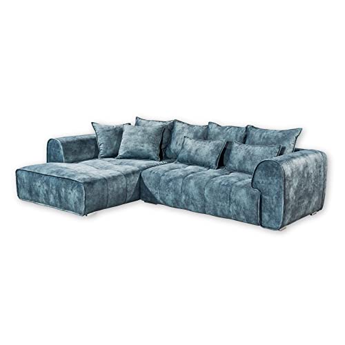 LONDON Ecksofa, Stoffbezug Smoke Blue - Moderne Eckcouch in L-Form mit universell stellbarer Ottomane & dekorativer Steppung - 320 x 72 (92) x 197 (B/H/T) von Stella Trading