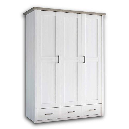 LUCA Eleganter Kleiderschrank Babyzimmer 3-türig - Vielseitiger Drehtürenschrank mit viel Stauraum in Pinie Weiß / Trüffel - 148 x 201 x 62 cm (B/H/T) von Stella Trading