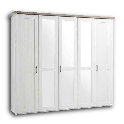 LUCA Eleganter Kleiderschrank im Landhausstil 5-türig - Vielseitiger Drehtürenschrank mit drei Spiegeltüren in Pinie Weiß / Trüffel - 241 x 212 x 62 cm (B/H/T) von Stella Trading