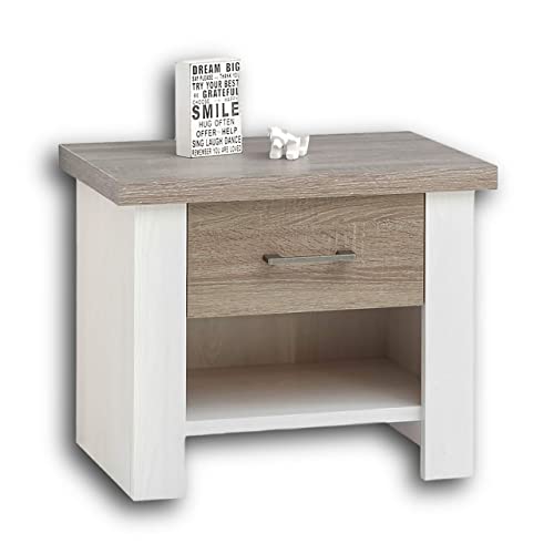 LUCA Eleganter Nachttisch im Landhausstil - Stilvoller Nachtschrank mit Schubladen in Pinie Weiß / Trüffel für Ihr Bett - 60 x 49 x 42 cm (B/H/T) von Stella Trading