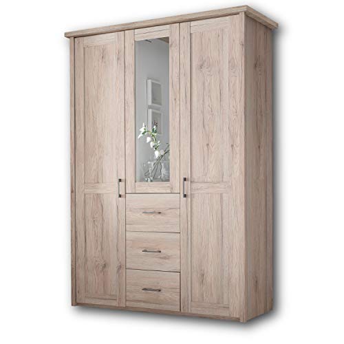 Stella Trading KOMFORT Eleganter Kleiderschrank im Landhausstil 3-türig - Vielseitiger Drehtürenschrank mit Spiegeltür in Eiche San Remo - 150 x 212 x 62 cm (B/H/T) von Stella Trading