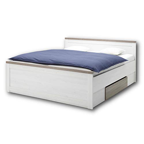 LUCA Stilvolles Doppelbett 180 x 200 cm mit 2x Bettkästen - Komfortables Landhausstil Schlafzimmer-Bett in Pinie Weiß / Trüffel - 186 x 91 x 205 cm (B/H/T) von Stella Trading