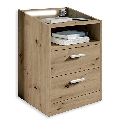 LUMO Nachttisch in Artisan Eiche Optik - Funktionaler Nachtschrank mit USB-Anschluss und LED-Beleuchtung - 46 x 67 x 42 cm (B/H/T) von Stella Trading