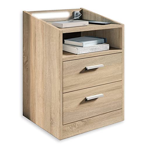 LUMO Nachttisch in Sonoma Eiche Optik - Funktionaler Nachtschrank mit USB-Anschluss und LED-Beleuchtung - 46 x 67 x 42 cm (B/H/T) von Stella Trading