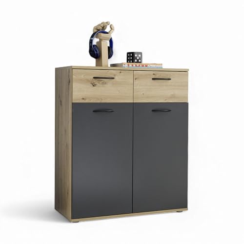 Liam Jugendzimmer Kommode in Artisan Eiche Optik, Graphit - Moderne Kommode mit Schubladen und viel Stauraum - 80 x 95 x 38 cm (B/H/T) von Stella Trading