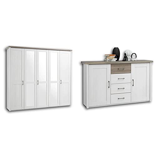 Luca Eleganter Kleiderschrank im Landhausstil 5-türig - - 241 x 212 x 62 cm & chlafzimmer Kommode im Landhausstil - stilvolles & ausdrucksstarkes Sideboard in Pinie Weiß - 150 x 90 x 42 cm von Stella Trading