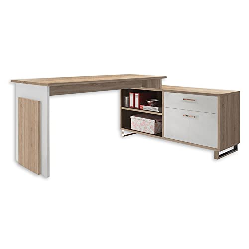 Stella Trading Eckschreibtisch in Eiche Sonoma Optik, Weiß - Moderner Bürotisch Computertisch mit großer Arbeitsfläche und Sideboard - 140 x 76 x 65 cm (B/H/T) von Stella Trading