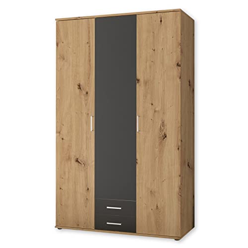 MARBURG Kleiderschrank in Artisan Eiche Optik, Graphit - Vielseitiger Drehtürenschrank 3-türig für Ihr Schlafzimmer - 120 x 196 x 54 cm (B/H/T) von Stella Trading