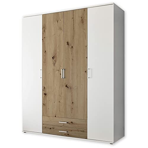 MARBURG Kleiderschrank in Weiß, Artisan Eiche Optik - Vielseitiger Drehtürenschrank 4-türig für Ihr Schlafzimmer - 160 x 196 x 54 cm (B/H/T) von Stella Trading