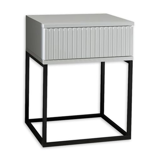 MARLE Nachttisch in Weiß - Moderner Nachtschrank mit Schublade und schwarzem Metallgestell - 40 x 52 x 38,5 cm (B/H/T) von Stella Trading