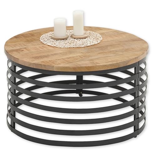 MARLY Couchtisch Massivholz Mango rund - Außergewöhnlicher Sofatisch mit schwarzem Metallgestell - 80 x 40 x 80 cm (B/H/T) von Stella Trading