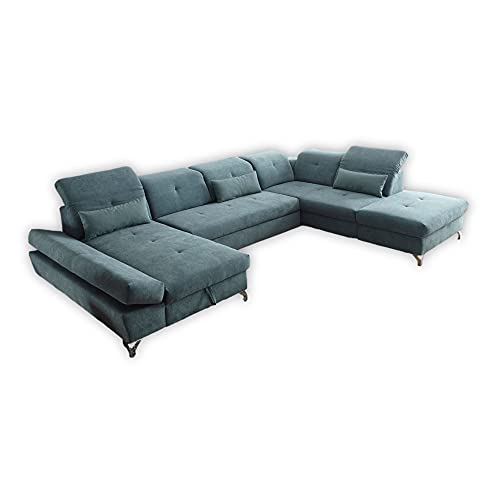 Stella Trading MELFI Wohnlandschaft in U-Form, Stoffbezug Grün - Ausziehbares Sofa mit Schlaffunktion & Bettkasten - 350 x 73 (96) x 245 cm (B/H/T) von Stella Trading