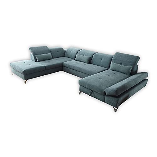 Stella Trading MELFI Wohnlandschaft in U-Form, Stoffbezug Grün - Ausziehbares Sofa mit Schlaffunktion & Bettkasten - 350 x 73 (96) x 245 cm (B/H/T) von Stella Trading