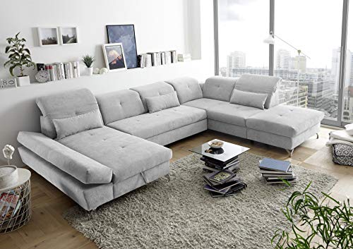 Stella Trading MELFI Wohnlandschaft in U-Form, Stoffbezug Silber - Ausziehbares Sofa mit Schlaffunktion & Bettkasten - 350 x 73 (96) x 245 cm (B/H/T) von Stella Trading