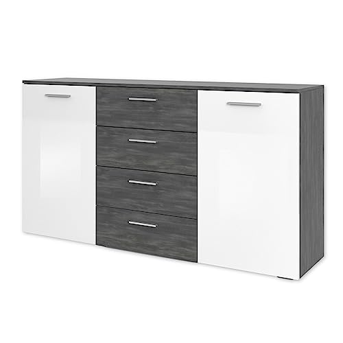 MELODY Sideboard in Schwarz, Weiß Hochglanz - Moderne Kommode mit Schubladen und viel Stauraum - 160 x 83 x 38 cm (B/H/T) von Stella Trading