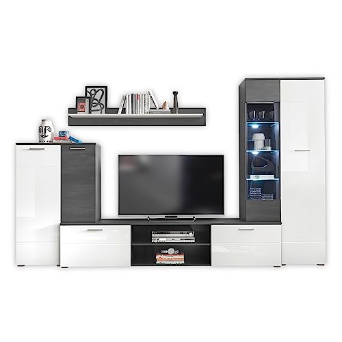 MELODY Wohnwand Komplett-Set in Schwarz, Weiß Hochglanz - Moderne Schrankwand mit LED-Beleuchtung für Ihr Wohnzimmer - 312 x 190 x 40 cm (B/H/T) von Stella Trading