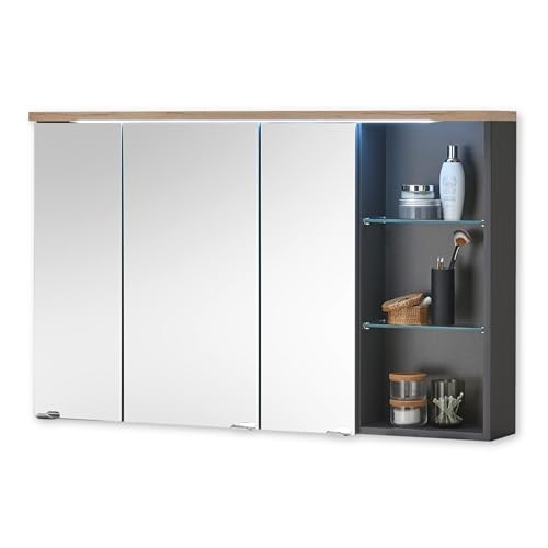 MEMPHIS Spiegelschrank Bad mit LED-Beleuchtung in Artisan Eiche Optik, Grau - Badezimmerspiegel Schrank mit viel Stauraum - 110 x 70 x 22 cm (B/H/T) von Stella Trading