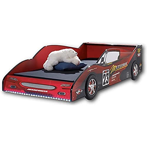 METEOR Rennauto-Bett mit LED-Beleuchtung 90 x 200 cm - Aufregendes Autobett für kleine Rennfahrer in Rot-Schwarz - 97 x 56 x 216 cm (B/H/T) von Stella Trading
