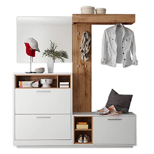 MILANO Kompaktgarderobe in Weiß, Wildeiche Optik - Modernes Flurgarderoben Set mit Spiegel für Ihren Eingangsbereich - 177 x 195 x 32 cm (B/H/T) von Stella Trading