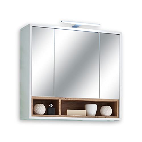 MILANO Spiegelschrank Bad mit LED-Beleuchtung in Wildeiche Optik, Weiß Hochglanz - Badezimmerspiegel Schrank mit viel Stauraum - 80 x 72 x 20 cm (B/H/T) von Stella Trading