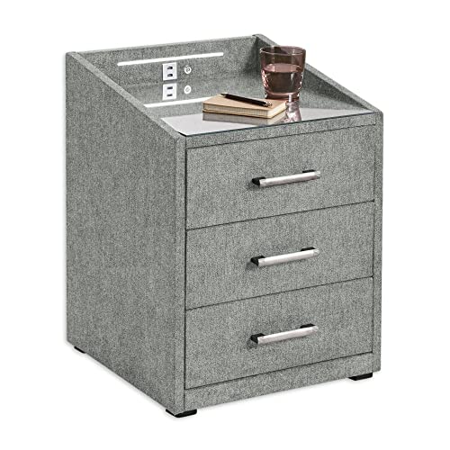 Stella Trading MOON Nachttisch Boxspringbett, Brego Grau - Funktionaler Nachtschrank mit USB-Anschluss und LED-Beleuchtung - 47 x 61 x 46 cm (B/H/T) von Stella Trading