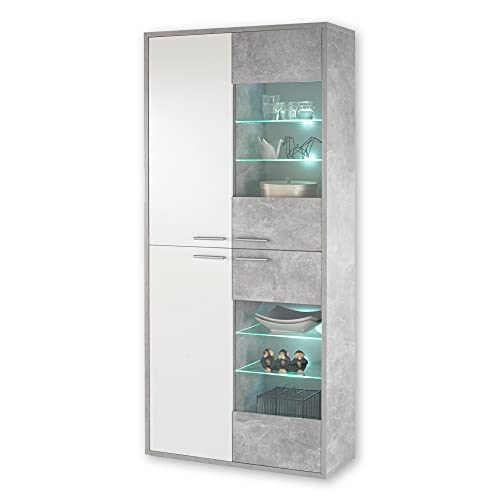 MOUNTAIN Große Vitrine in Beton Optik, Weiß Hochglanz - Moderner Vitrinenschrank mit LED-Beleuchtung und viel Stauraum - 90 x 197 x 37 cm (B/H/T) von Stella Trading
