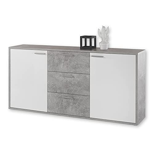 MOUNTAIN Sideboard in Beton Optik, Weiß Hochglanz - Moderne Kommode mit Schubladen und viel Stauraum - 180 x 87 x 37 cm (B/H/T) von Stella Trading