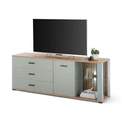 NARVA TV-Lowboard mit LED-Beleuchtung in Salbei, Evoke Eiche Optik - TV Schrank mit viel Stauraum für Ihr Wohnzimmer - 179 x 67 x 44 cm (B/H/T) von Stella Trading