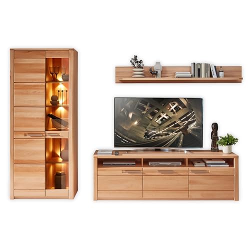NATURE ONE Wohnwand Komplett-Set in Kernbuche teil-massiv FSC-zertifiziert - Moderne Schrankwand mit LED-Beleuchtung für Ihr Wohnzimmer - 310 x 203 x 45 cm (B/H/T) von Stella Trading