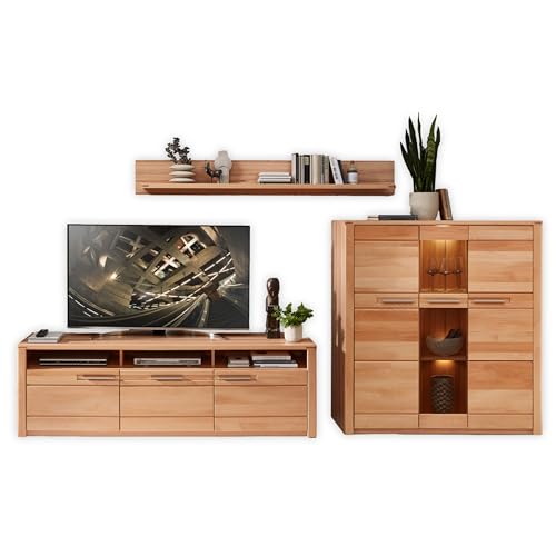 NATURE ONE Wohnwand Komplett-Set in Kernbuche teil-massiv FSC-zertifiziert - Moderne Schrankwand mit LED-Beleuchtung für Ihr Wohnzimmer - 330 x 180 x 45 cm (B/H/T) von Stella Trading