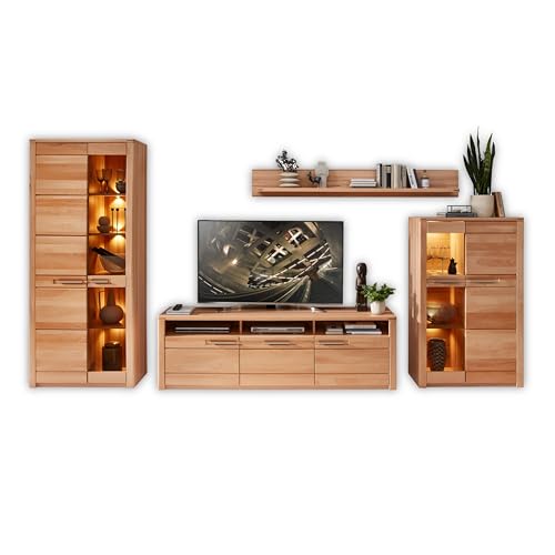 NATURE ONE Wohnwand Komplett-Set in Kernbuche teil-massiv FSC-zertifiziert - Moderne Schrankwand mit LED-Beleuchtung für Ihr Wohnzimmer - 390 x 203 x 45 cm (B/H/T) von Stella Trading