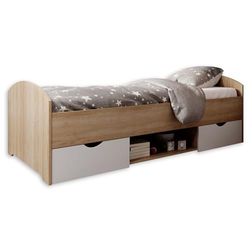 NEMO Modernes Einzelbett mit 2x Schubkästen 90 x 200 cm - Praktisches Jugendzimmer Kojenbett in Eiche Sonoma Optik - 96 x 66 x 204 cm (B/H/T) von Stella Trading