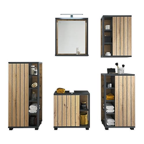 Nizza Badezimmermöbel Set in Graphit, Artisan Eiche Optik - Modernes Badmöbel Set 5-teilig bestehend aus 2 Kommoden, Hängeschrank, Unterschrank & Spiegel - 220 x 200 x 37 cm (B/H/T) von Stella Trading