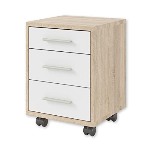 OFFICE LINE Rollcontainer Schreibtisch in Eiche Sonoma Optik, Weiß - Mobiler Büroschrank mit Schubladen - Modernes Büromöbel Komplettset - 40 x 56 x 40 cm (B/H/T) von Stella Trading