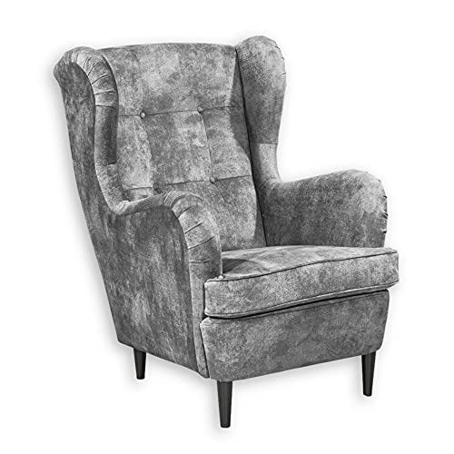 OSKAR 3 Ohrensessel mit geknöpfter Polsterung, Grau - Vintage Wohnzimmer Sessel mit Massivholz Füßen - 78 x 102 x 98 cm (B/H/T) von Stella Trading