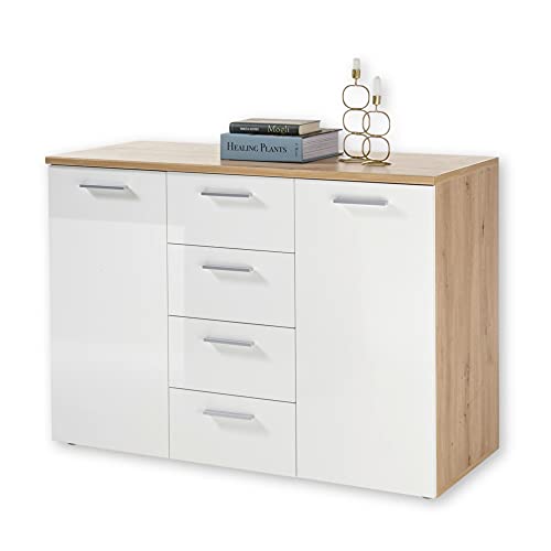 PABLO Kommode in Artisan Eiche Optik, Weiß - Modernes Sideboard mit viel Stauraum für Ihren Wohnbereich - 120 x 85 x 50 cm (B/H/T) von Stella Trading