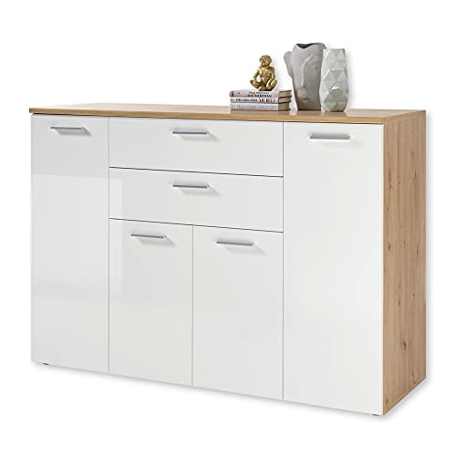 PABLO Kommode in Artisan Eiche Optik, Weiß - Modernes Sideboard mit viel Stauraum für Ihren Wohnbereich - 152 x 106 x 50 cm (B/H/T) von Stella Trading